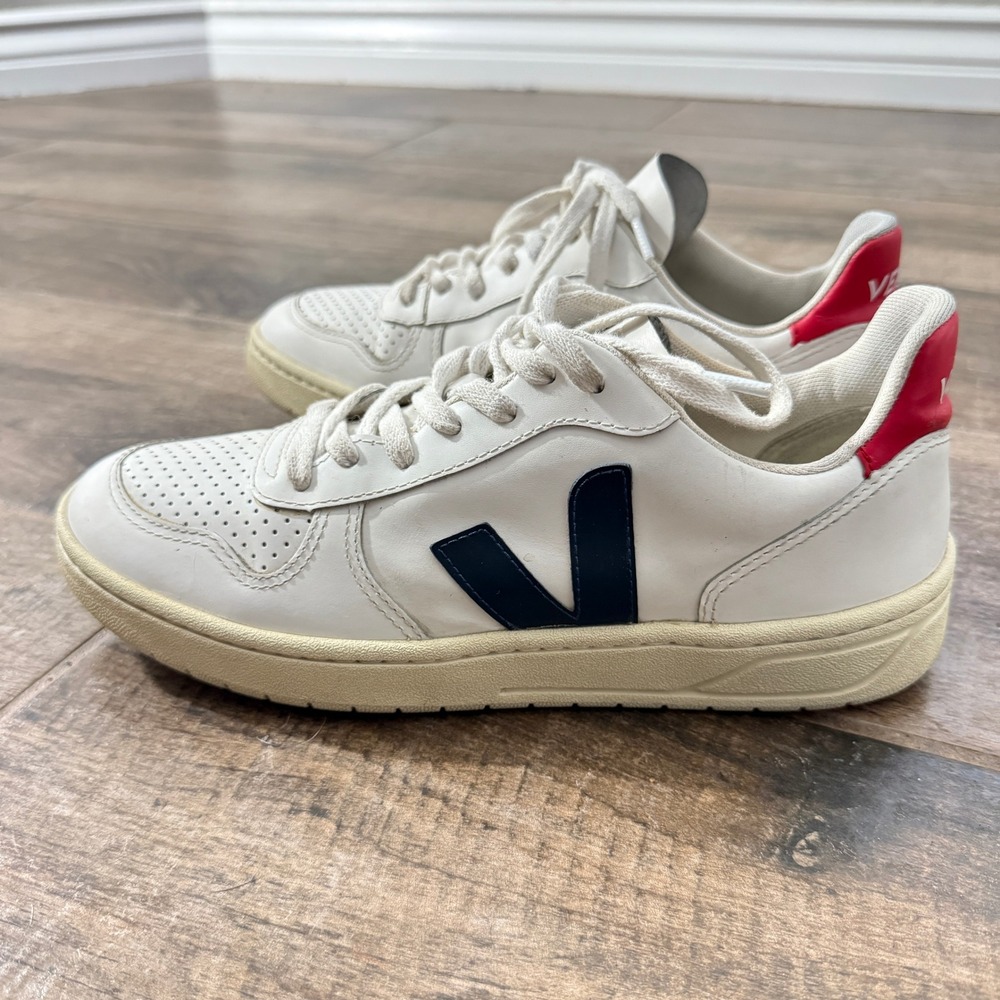Veja V-10 Leather Sneakers in White with Navy V and Red Heel Tab
